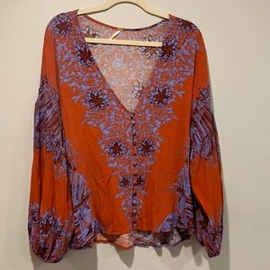 Free People, Button down top, size large red, orange, purple